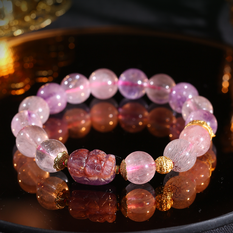 Super Seven Pixiu Gold Attracting Bracelet Gold Rich Colorful Purple Aurora Pixiu Crystal Bracelet