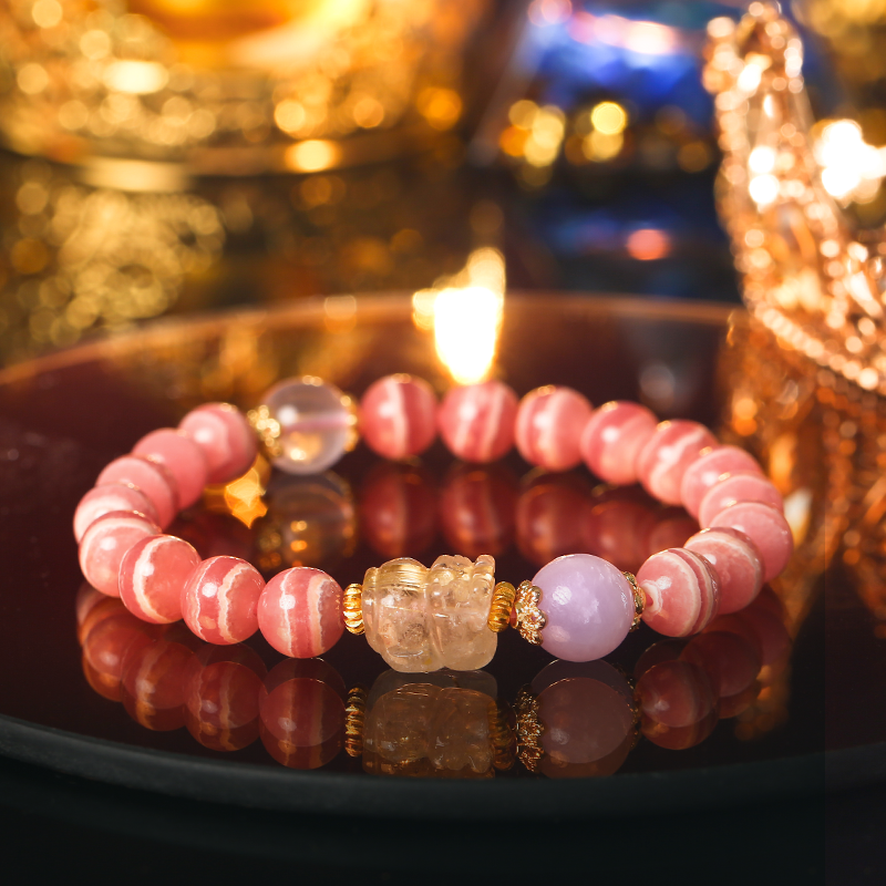 Rhodonite Pixiu Gold Bracelet, Vow of Love, Harvest, Golden Crystal, Purple Kunzite Bracelet
