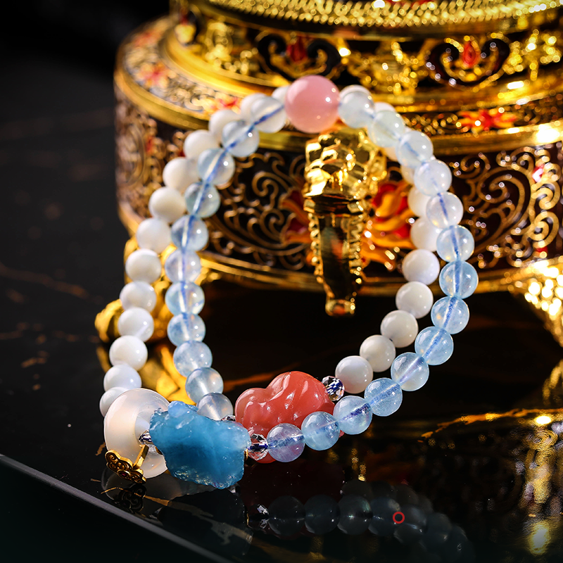 Aquamarine double circle nine fox bracelet female salt source agate bracelet running ring mascot hand jewelry
