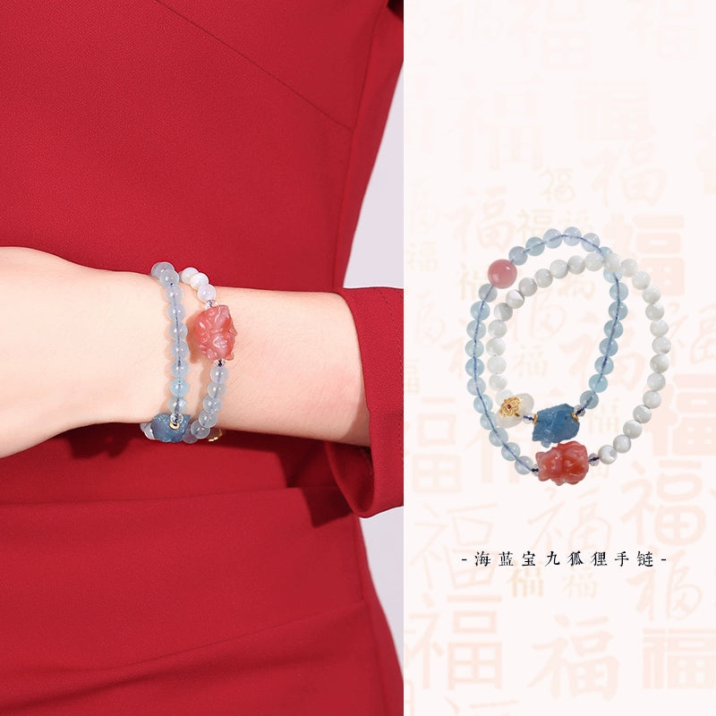 Aquamarine double circle nine fox bracelet female salt source agate bracelet running ring mascot hand jewelry