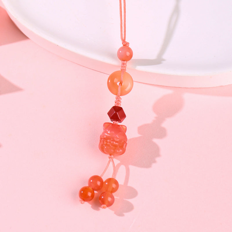 Dopamine pleasing fox mobile phone chain female single peach agate pendant anti-fall lanyard pendant