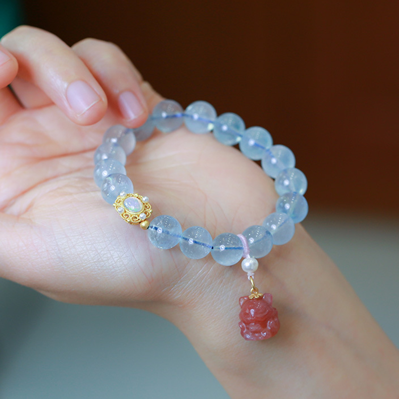 萌狐海藍寶手鏈女歐泊珍珠狐貍手串單身閨蜜送禮飾品