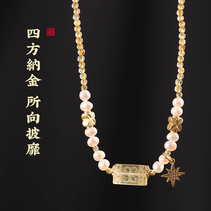 黃水晶八芒星吊墜女 閃光繁星發絲 金發晶項鏈淡水珍珠