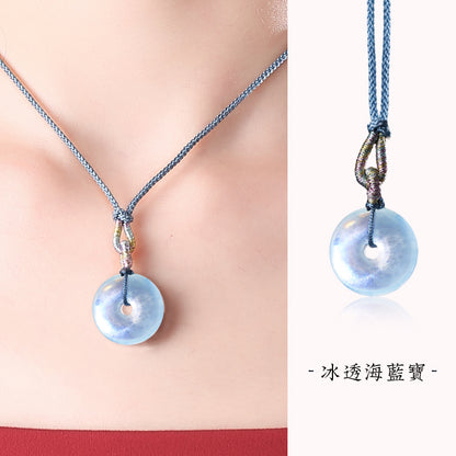 海藍寶平安扣吊墜女 冰透海藍寶項鏈吉祥物