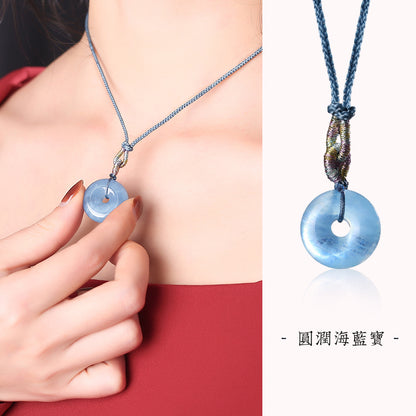 海藍寶平安扣吊墜女 冰透海藍寶項鏈吉祥物